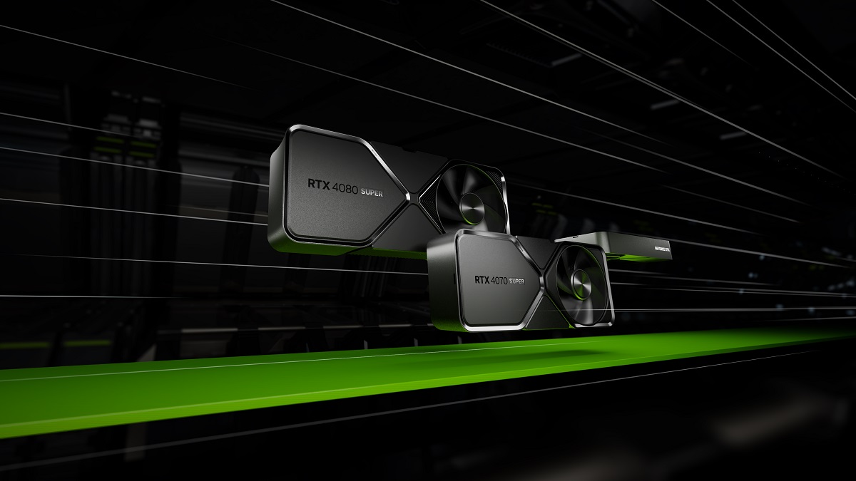 Nvidia: the RTX 4080 SUPER and RTX 4070 SUPER whizzing throw with a black background behind them.