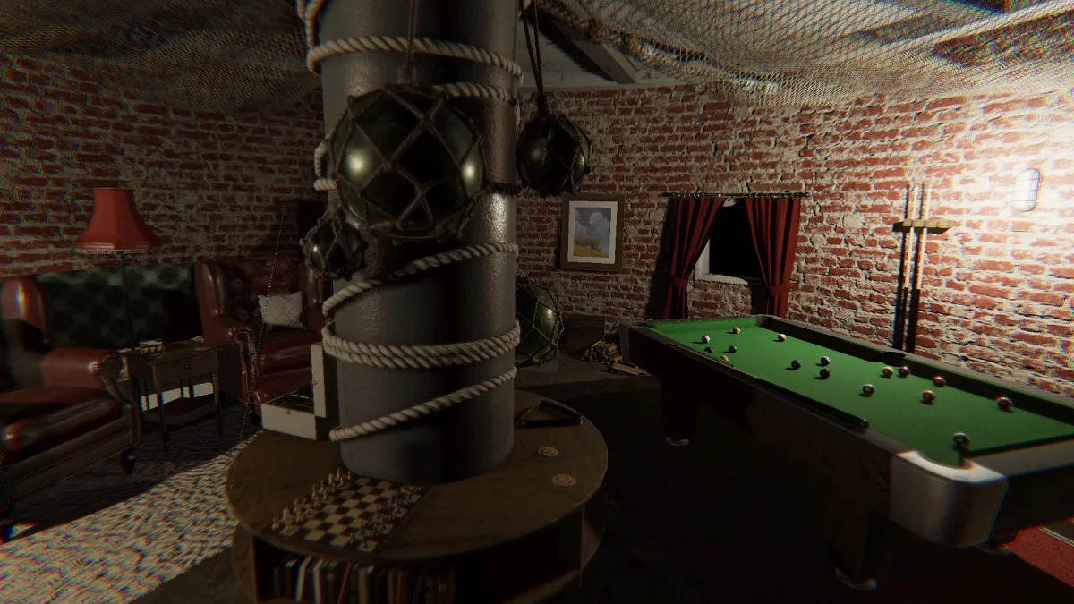 Phasmophobia: a pool table in a circular room of the Point Hope lighthouse map.