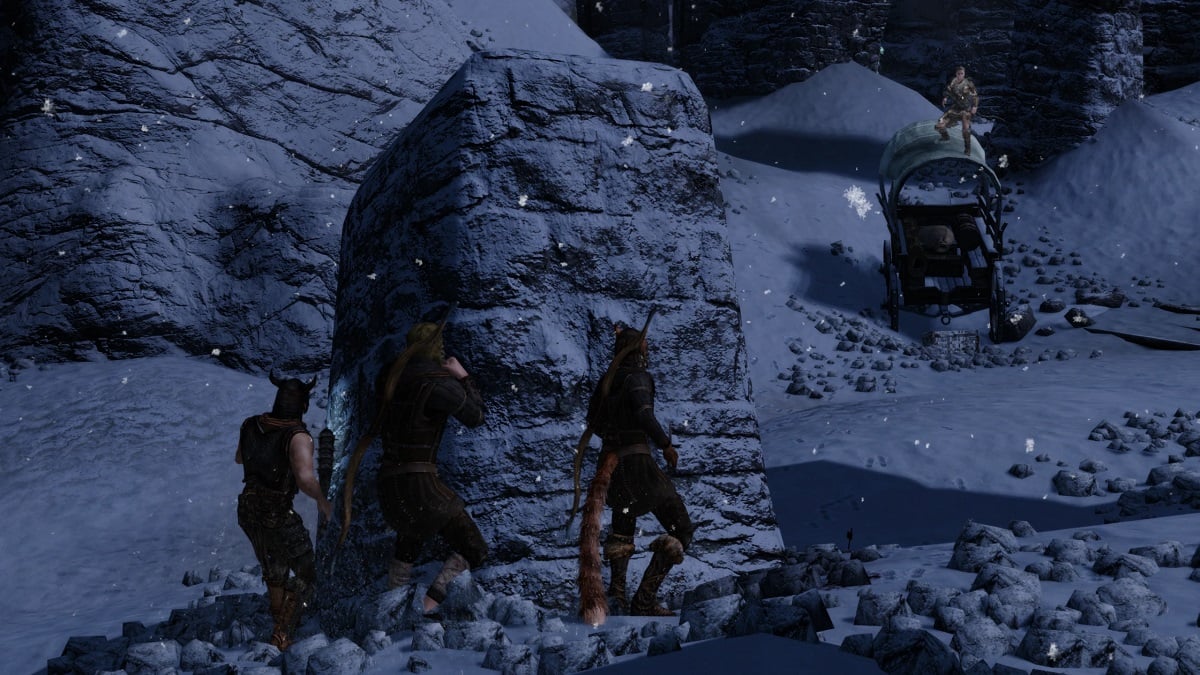 Skyrim: NPCs hiding behind a rock while another is stood on a wagon in the distance.