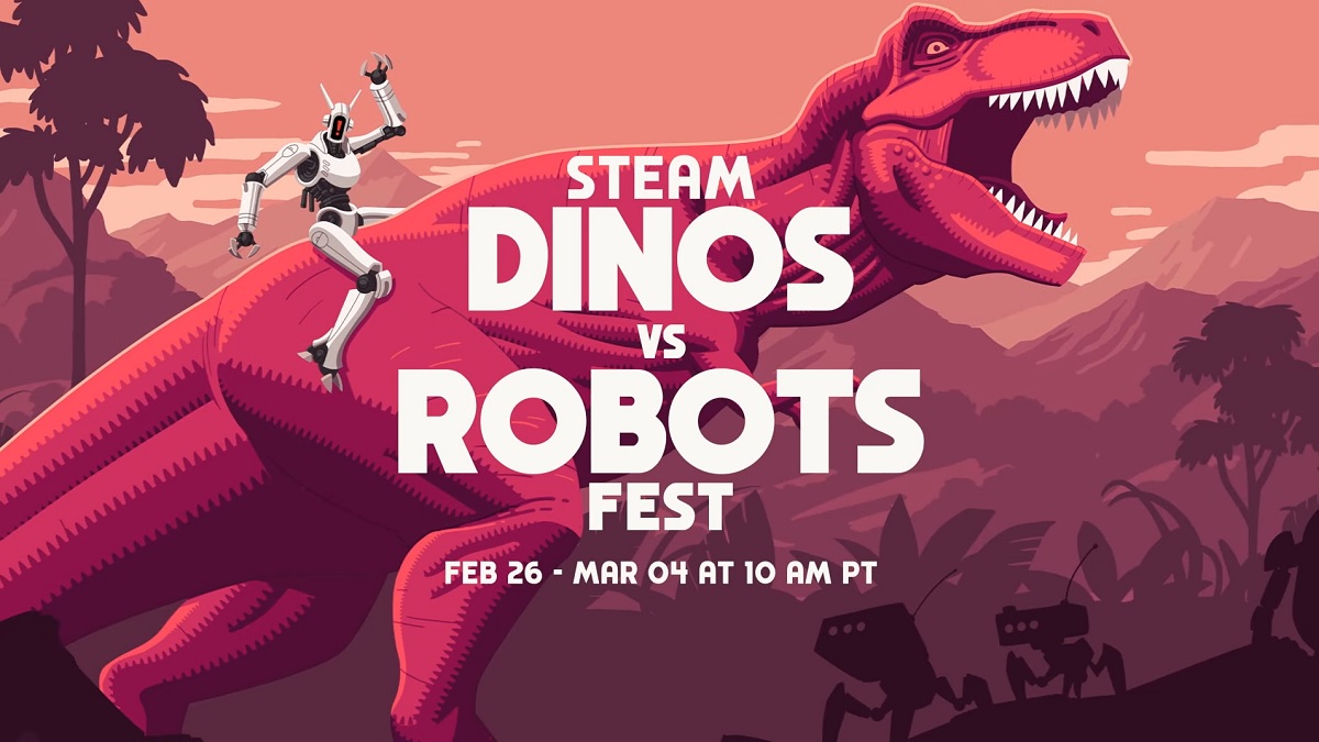 Steam Dinos vs. Robots Fest: Im Hintergrund brüllt ein roter Dinosaurier.