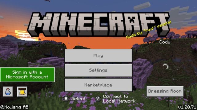 The Mincecraft start screen with options like Play, Settings, and marketplace