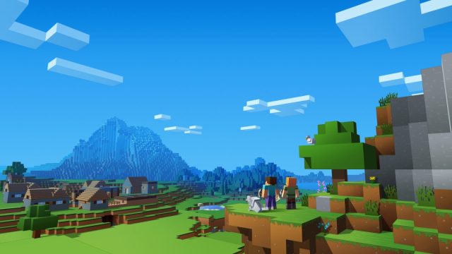 The sunny open world in Minecraft with two player avatars and pet