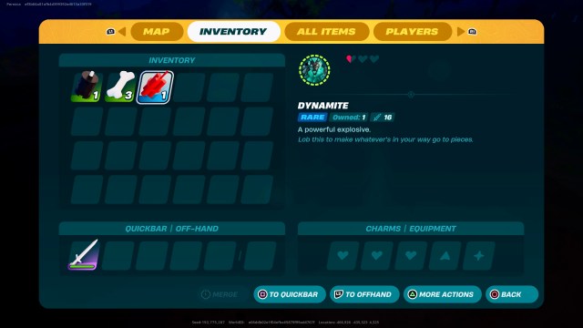 The Lego Fortnite UI where you can view Dynamite, a rare powerful explosive