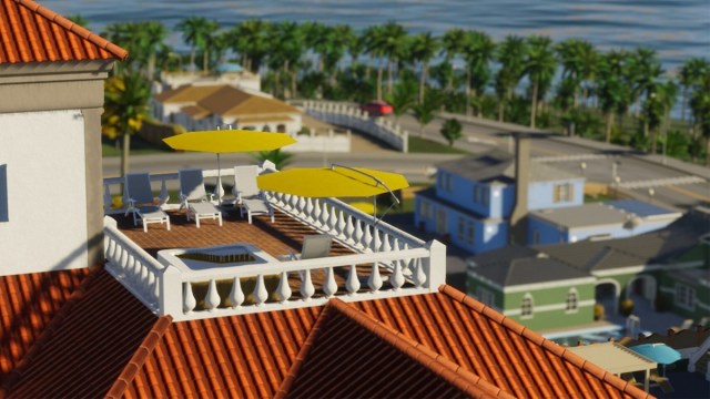 Cities Skylines 2 Beachfront Properties DLC with flat, messy umbrella textures
