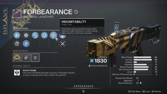 The Forebearance Grenade Launcher in Destiny 2