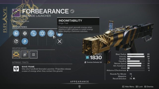 The Forebearance Grenade Launcher in Destiny 2 