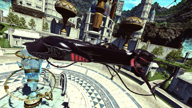 The FFXV and FFXIV collab mount, the Regalia, a black car seating four people that can also fly