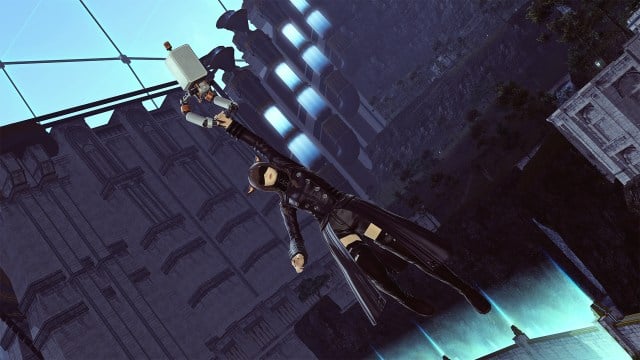 The Final Fantasy XIV x Nier Automata crossover Alliance Raid Pod mount, with a Miqote wearing Yorha-inspired glamour holding on