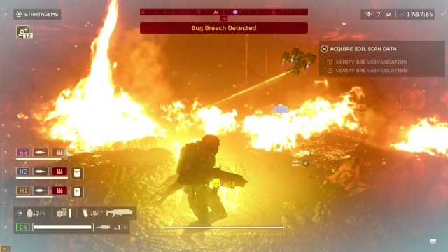 Helldivers 2 player surrounded by flames