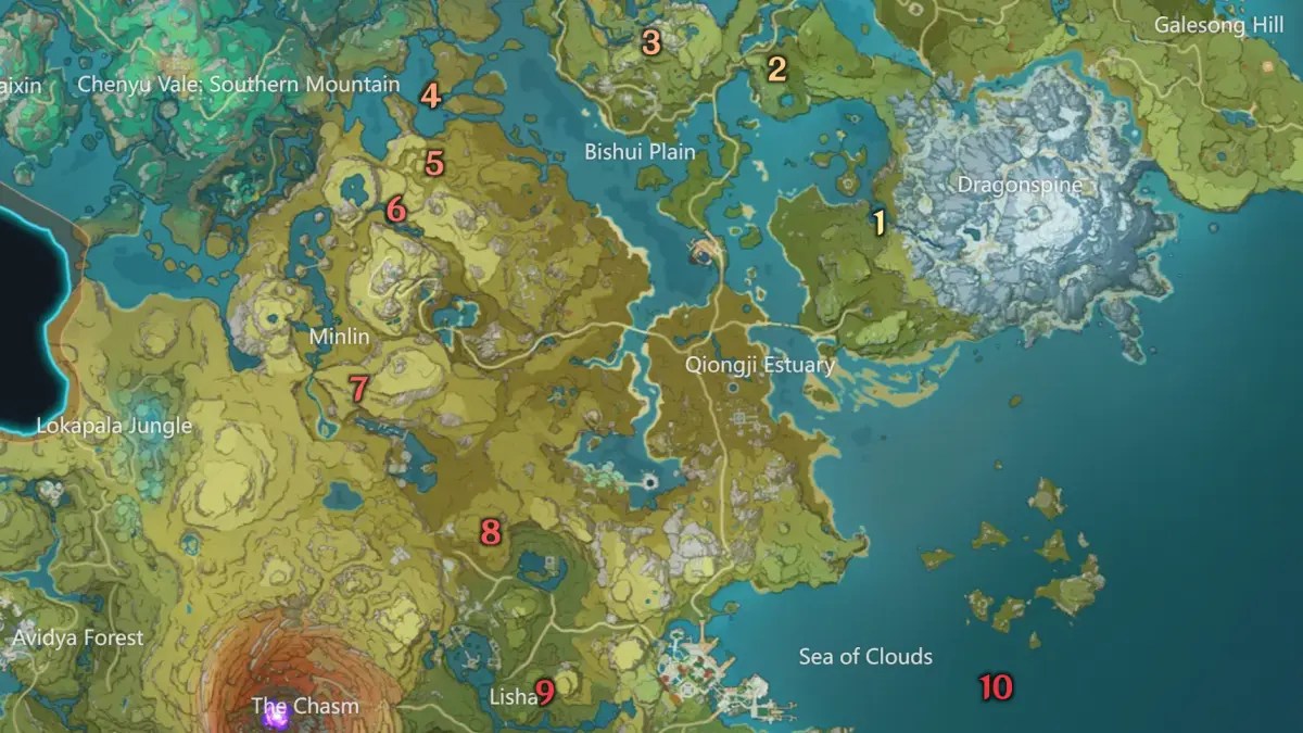 Genshin Impact Liyue map displaying every Shrine of Depths location