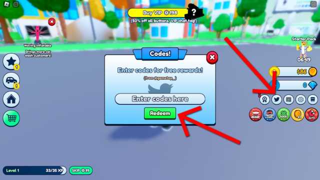 How to redeem codes in Car Wash Tycoon.