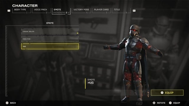 How to emote and use victory poses in helldivers 2 - Hug emote in the Character menu