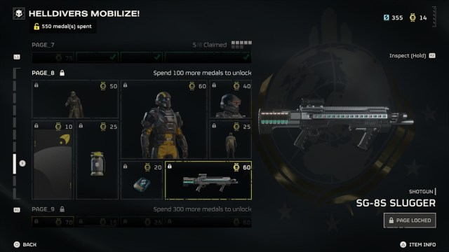 Helldivers Mobilize menu, displaying 550 Medals spent and requirements
