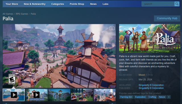 The Steam listing for Palia, displaying over 1,500 reviews and landing it at the "Mixed" reception status