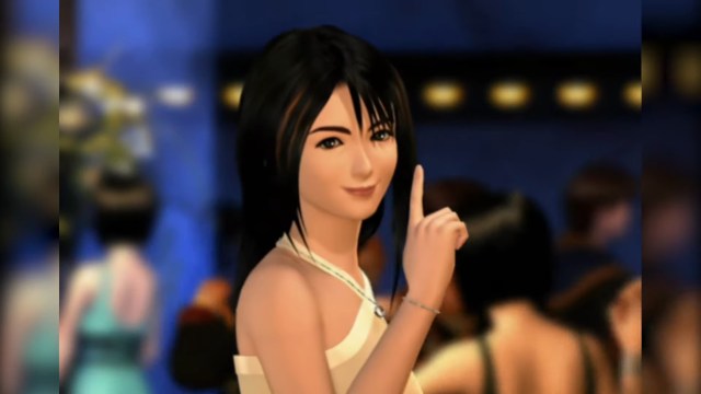 Rinoa striking her classic pointing up pose in the Final Fantasy VIII (FF8) ballroom scene