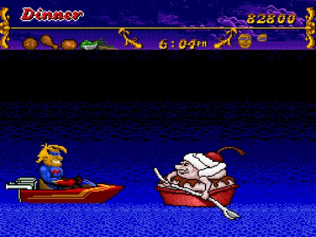 Kapitän Novolin paddelt mit einem Eisbecher auf das Boot des Protagonisten zu.