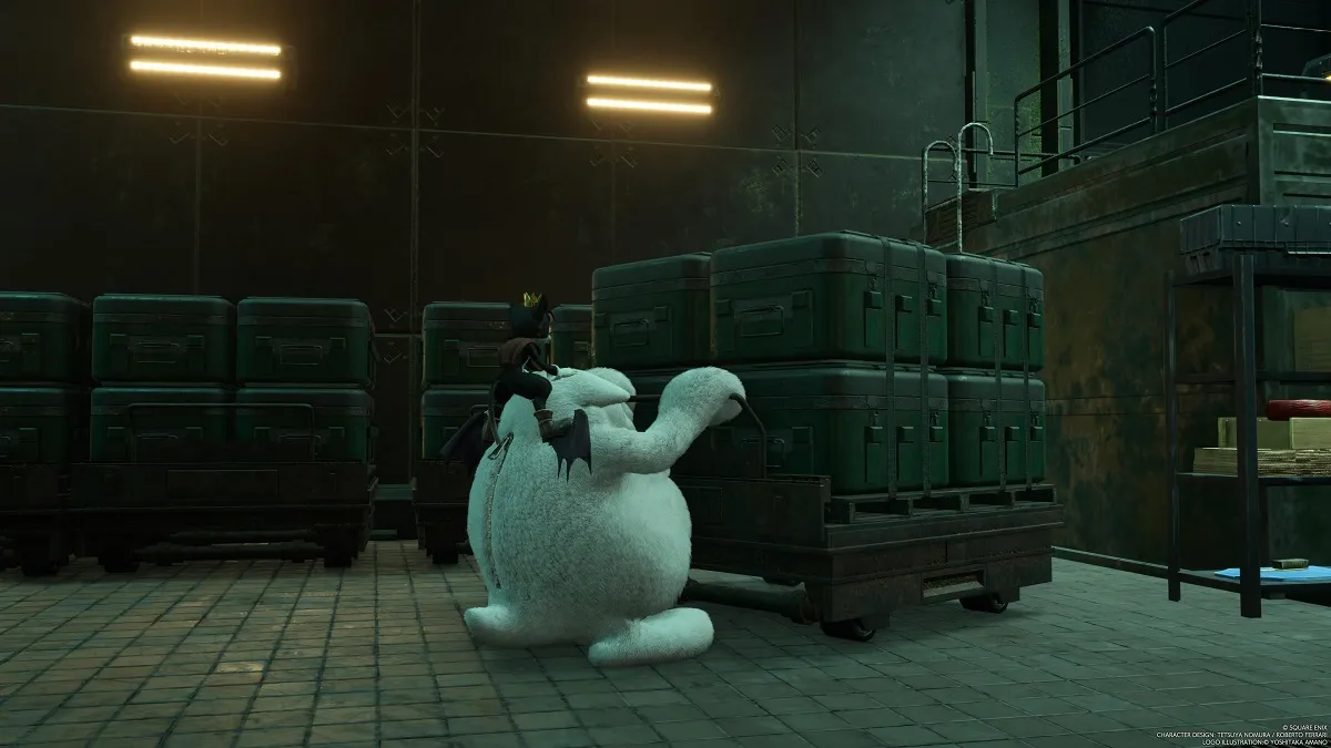 Final Fantasy VII FF7 Rebirth Cait Sith moving a skid of crates.