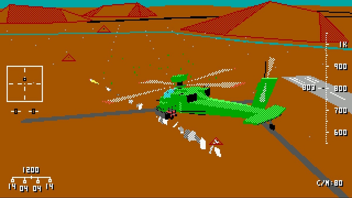 Thunder Helix green helicopter over desert.