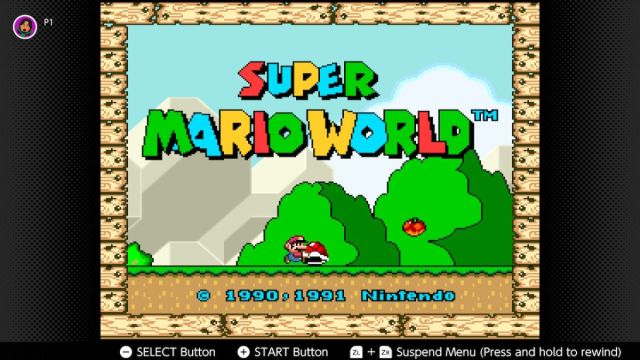 Super Mario World Nintendo Switch Online title screen, with Mario from its 1990 / 1991 launch