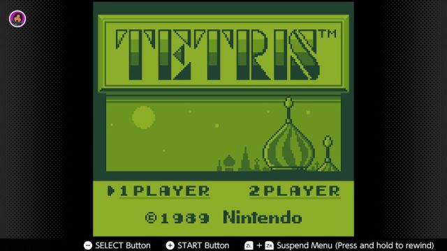 Tetris, as it appeared on the original Game Boy, in a screenshot from the Nintendo Switch Online version