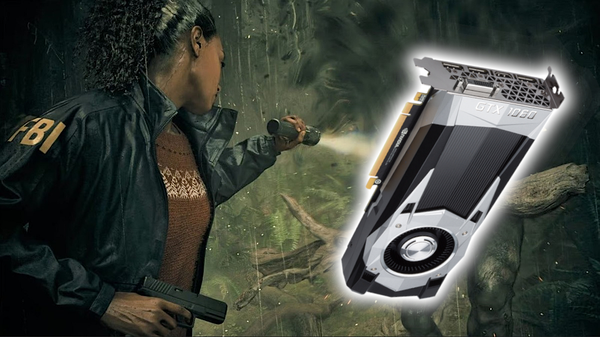 Alan Wake 2: Saga Anderson shining a flashlight on a superimposed Nvidia GTX graphics card.