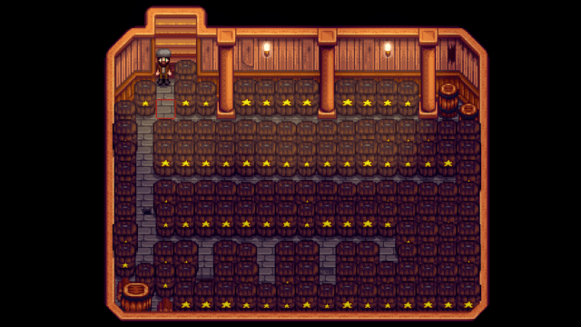 Casks in the basement of the Farmhouse in Stardew Valley