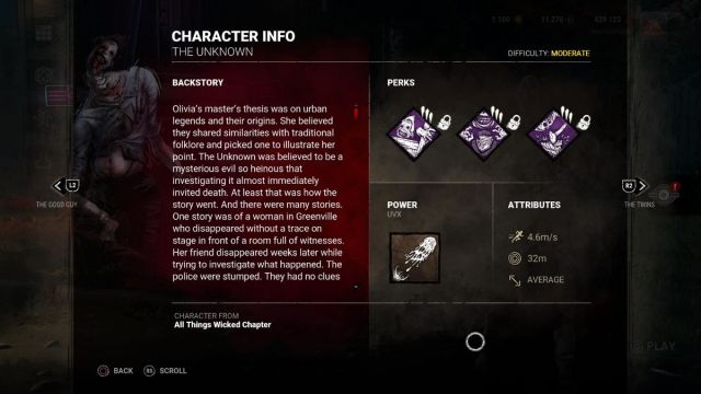 character info for the unknown dead by daylight