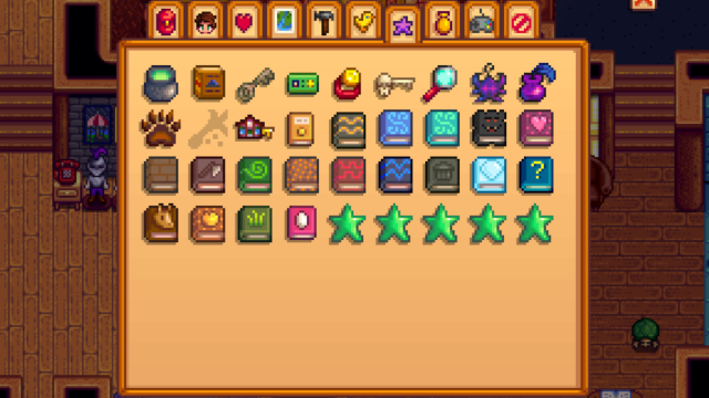 The Books collection tab in Stardew Valley