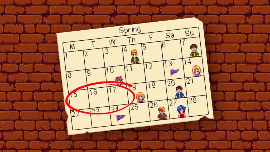The calendar showing the dates of the Desert Festival in Stardew Valley
