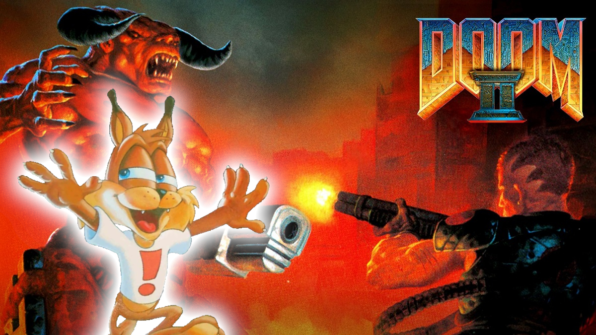Doom 2: the Doom Slayer firing a gun as Bubsy stands in front of a Cyberdemon.