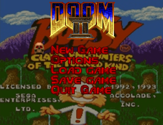 The Doom 2 menu but with the Bubsy 3D screen behind it.
