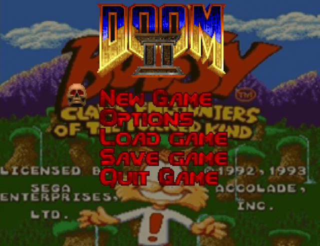 The Doom 2 menu but with the Bubsy 3D screen behind it.