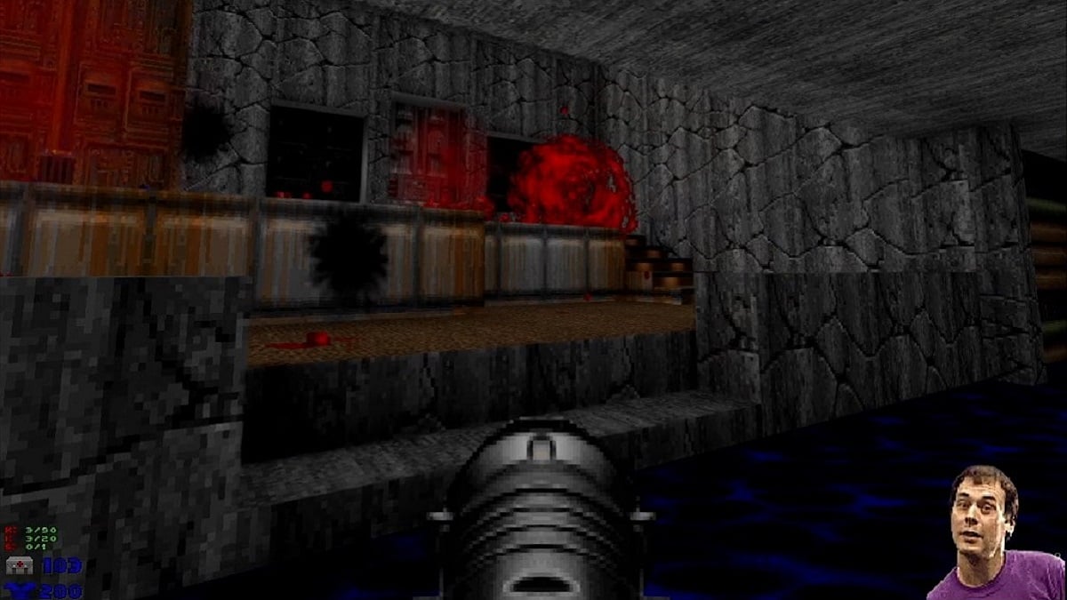 Doom 2: Dan Forden in the corner as Doom monster gets exploded from a rocket.