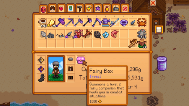 An inventory in Stardew Valley full of trinkets, like the Fairy Box