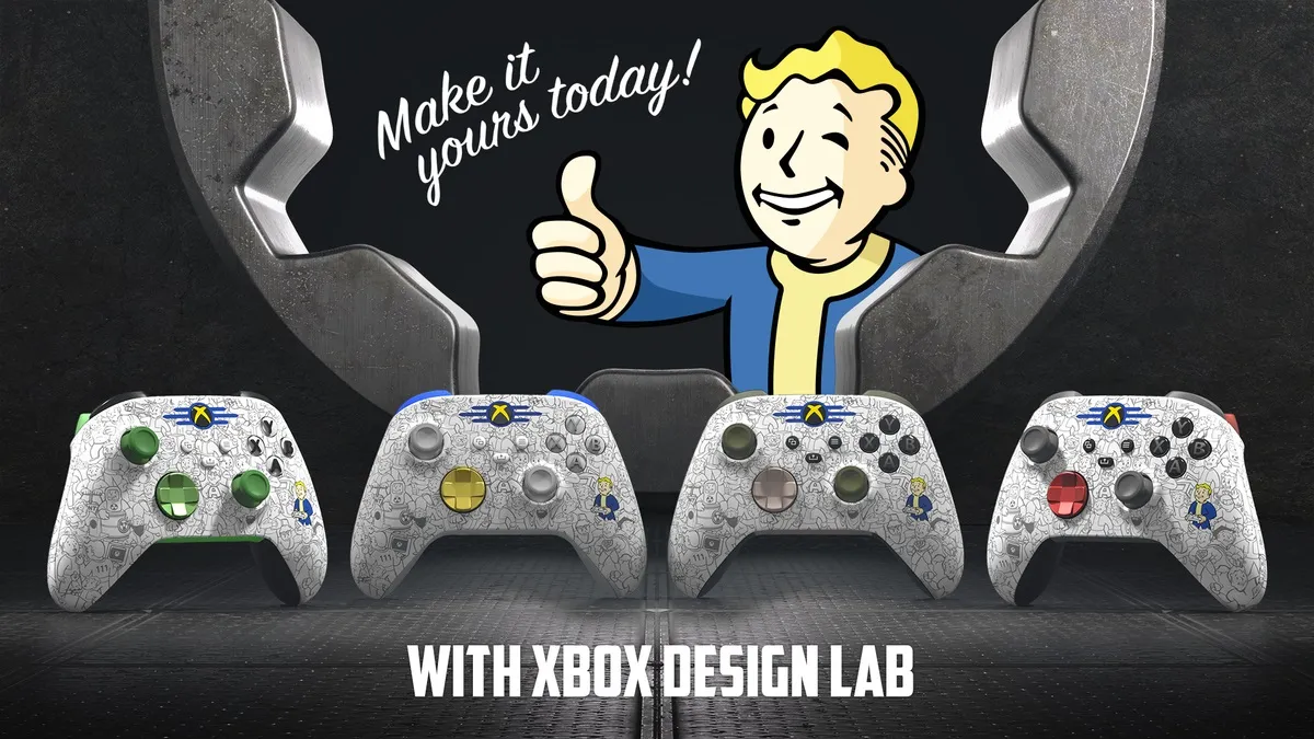 PipBoy giving a thumbs up with four Fallout-themed Xbox Series controllers in the foreground.