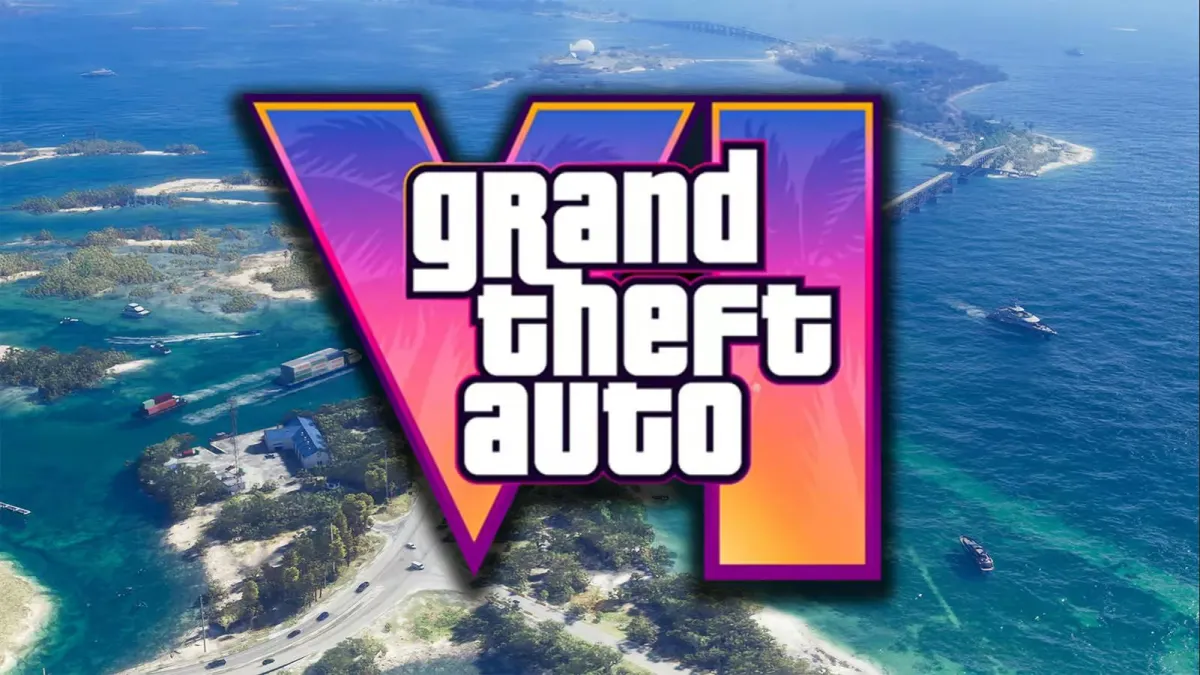 GTA 6 logo with a long shot of a tropical island behind it.