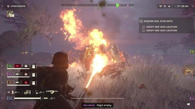 Helldivers 2 Flamethrower charger killer burning a charger in the grasslands