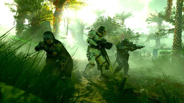 Three Helldivers players combing the woods for enemies