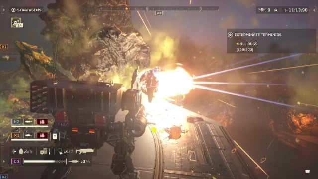 helldivers 2 how to use the mech fighting bugs in an extermination mission
