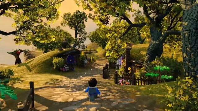 Lego The Shire, with Frodo walking out toward his Hobbit home