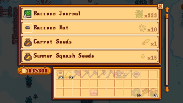 Items available in Mrs Raccoon's store in Stardew Valley