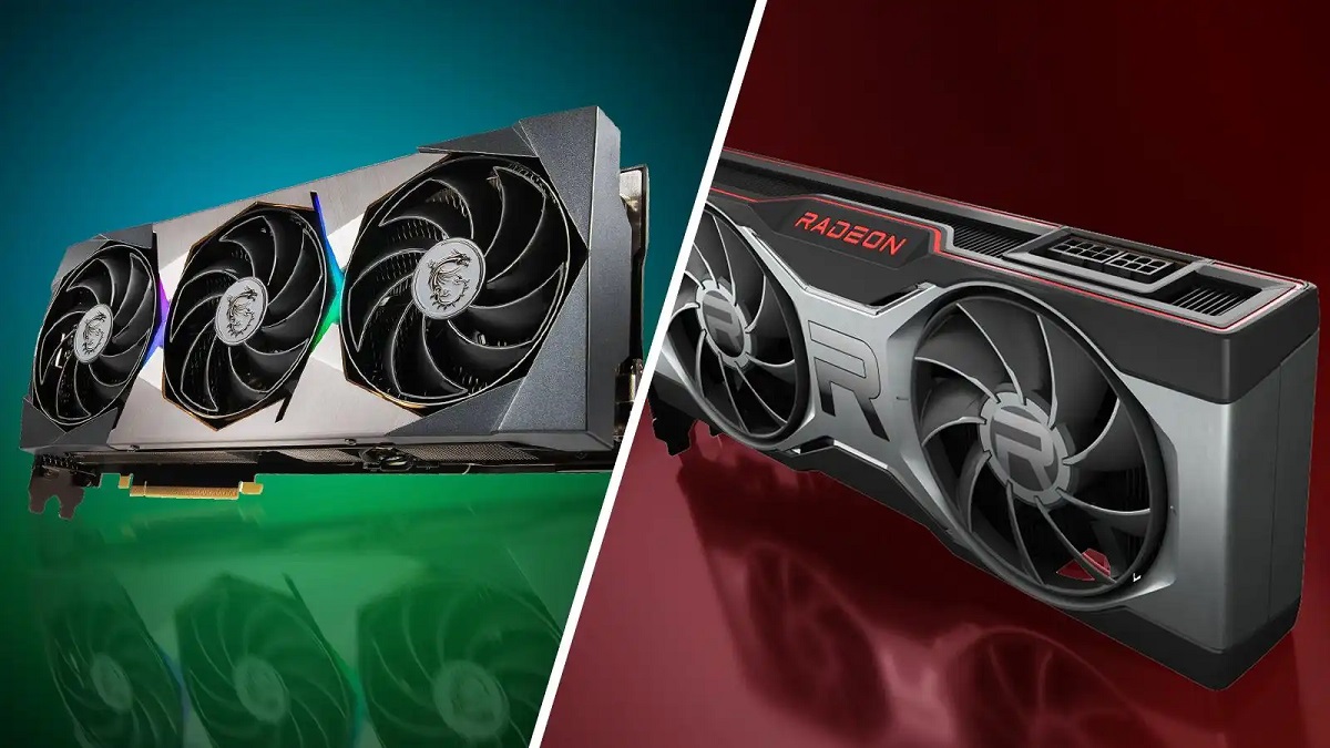 An Nvidia RTX graphics card on a green background next to an AMD RX graphics card on a red background.