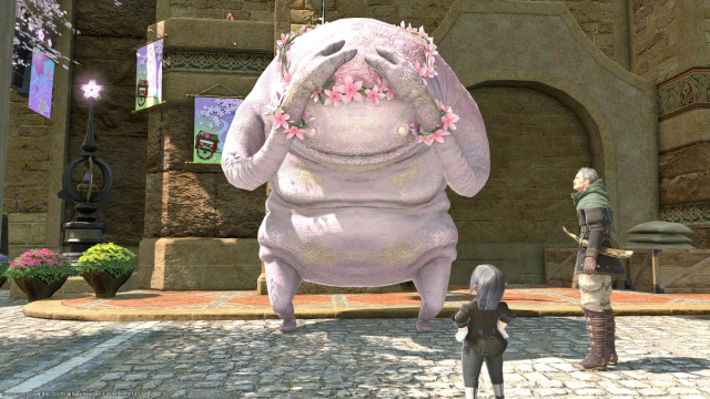 Scared Peatie in Final Fantasy XIV, wearing a flower crown for Little Ladies Day 2024