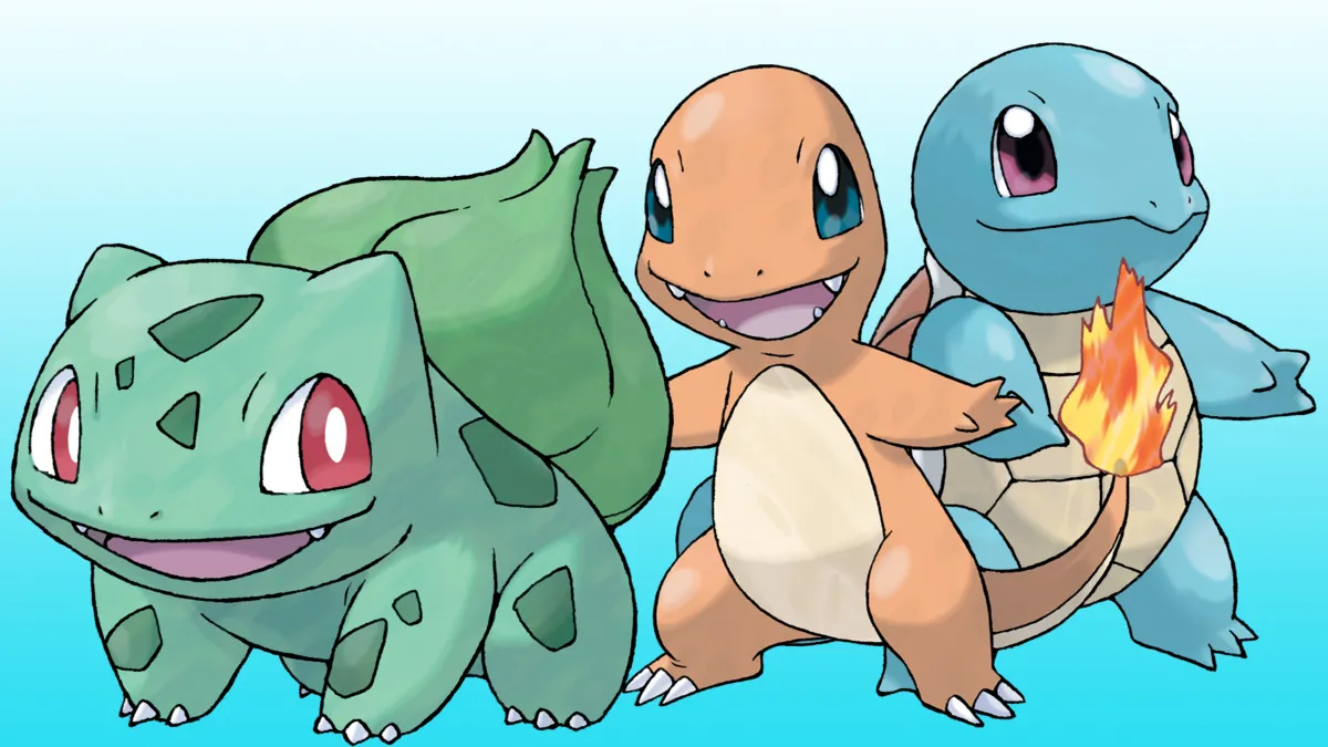 The first Pokemon starter trio, Bulbasaur, Charmander, and Squirtle from Pokemon Red, Pokemon Blue, and Pokemon Yellow