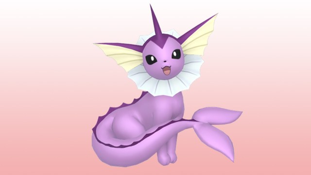 A purpley pink Vaporeon, the shiny version in Pokemon Go