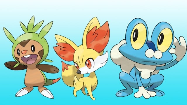The three Pokemon X and Pokemon Y starters, Chespin, Fennekin, and Froakie