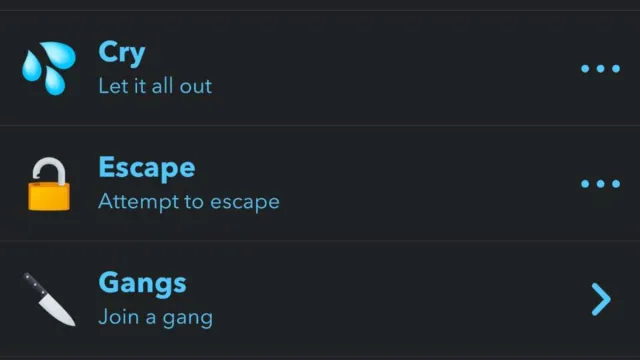Some prison menu options in Bitlife