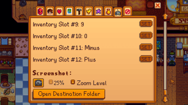 The location of the screenshot function within the menu of Stardew Valley