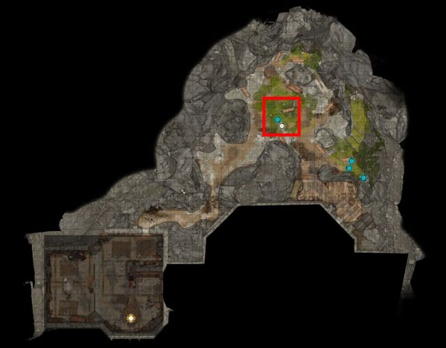 Map showing Shovel's location in BG3, this is a basement near the Necromancy of Thay and below the Blighted Village