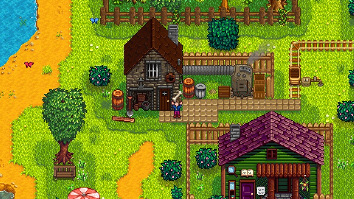 Stardew Valley: the player holds a bone above their head while stood in front of the town blacksmith.